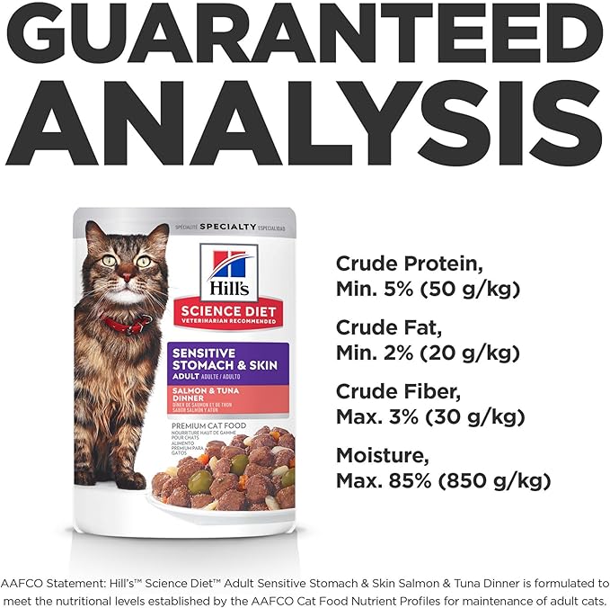 Hill's Science Diet Sensitive Stomach & Skin, Adult 1-6, Stomach & Skin Sensitivity Support, Wet Cat Food, Salmon & Tuna Stew, 2.8 oz Can, Case of 24