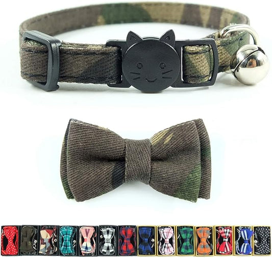 Cat Collar Bowtie with Bell, Quick Release Buckle Safety and Durable Kitties Kittens Cats Breakaway Collar(6.8-10.8in) (Camouflage 2)