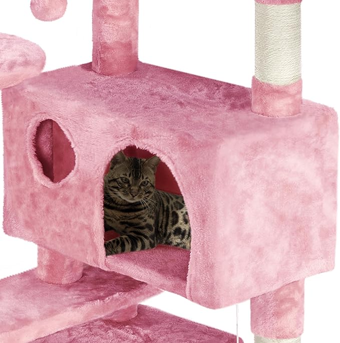 Yaheetech 62in Cat Tree Cat Tower for Indoor Cats, Cat Furniture w/Double Cat Condo, Scratching Posts, Multiple Platforms and Balls for Kittens & Cats, Pink