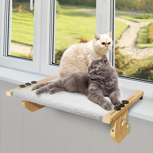 Cat Window Perch Sturdy Cat Window Hammock with Wood and Metal Frame-No Drilling Required-Multiple Ways to Use-Cat Bed for Windowsill,Floor,Bedside or Cabinet-Suitable for Large Cats(L-White Plush)