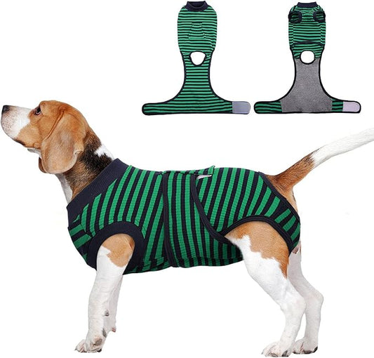 FUAMEY Recovery Suit for Dogs After Surgery,Soft Breathable Dog Bodysuit E-Collar & Cone Alternative Surgical Suit,Male Female Dog Neuter Spay Suits Anti Licking Wounds Onesie Green Black Stripes S