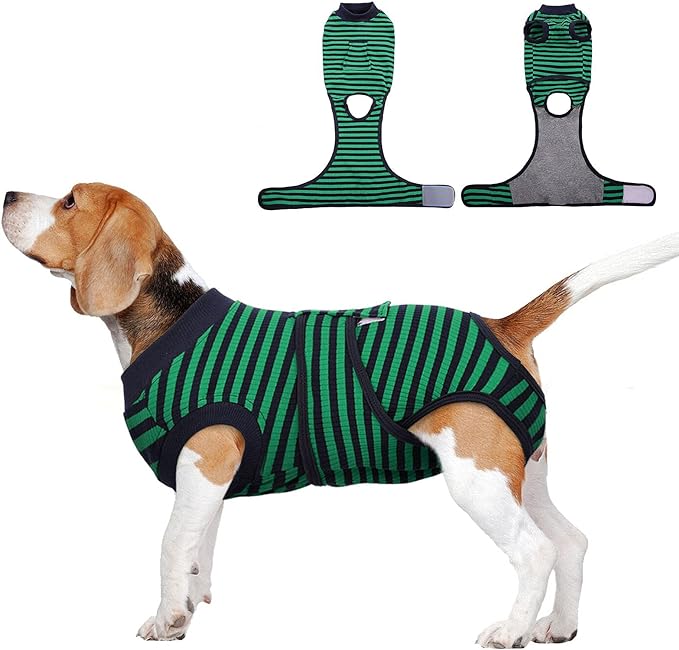 FUAMEY Recovery Suit for Dogs After Surgery,Soft Breathable Dog Bodysuit E-Collar & Cone Alternative Surgical Suit,Male Female Dog Neuter Spay Suits Anti Licking Wounds Onesie Green Black Stripes XXL