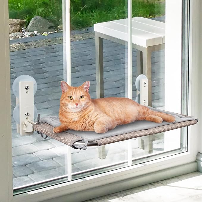 24'' Foldable Cat Window Perch, Sturdy and Stable Cat Window Hammock with 4 Strong Upgraded Suction Cups and Wall Anchors, Premium Reinforced Material and Flannel Cover Cat Bed for Large Cats