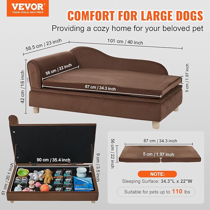 VEVOR Pet Sofa, Dog Couch for Large-Sized Dogs and Cats, Soft Velvety Dog Sofa Bed, 110 lbs Loading Cat Sofa, Dark Brown