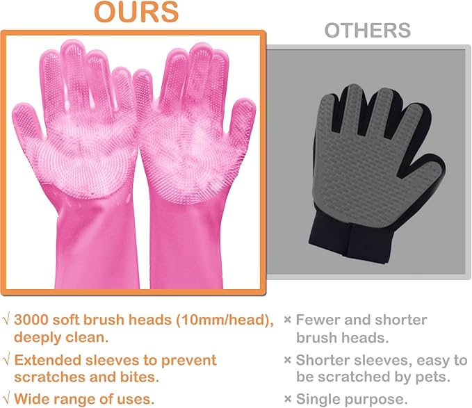 Pet Grooming Gloves, Dog Bathing Gloves with High-Density Teeth, Heat Resistant Silicone Cat Hair Remover with Enhanced Five Finger Design, Bathing and Massaging for Dogs and Cats (Pink)