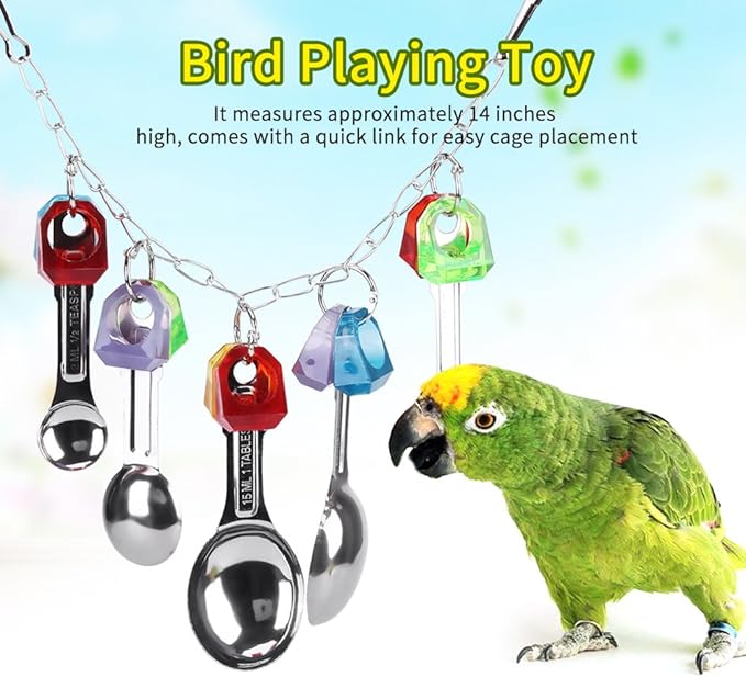 Fdit Bird Chew Toy with Metal Spoons Colorful Hanging Chewing Toy Lovebirds Cage for Parrots Parakeet Cockatiel Conure