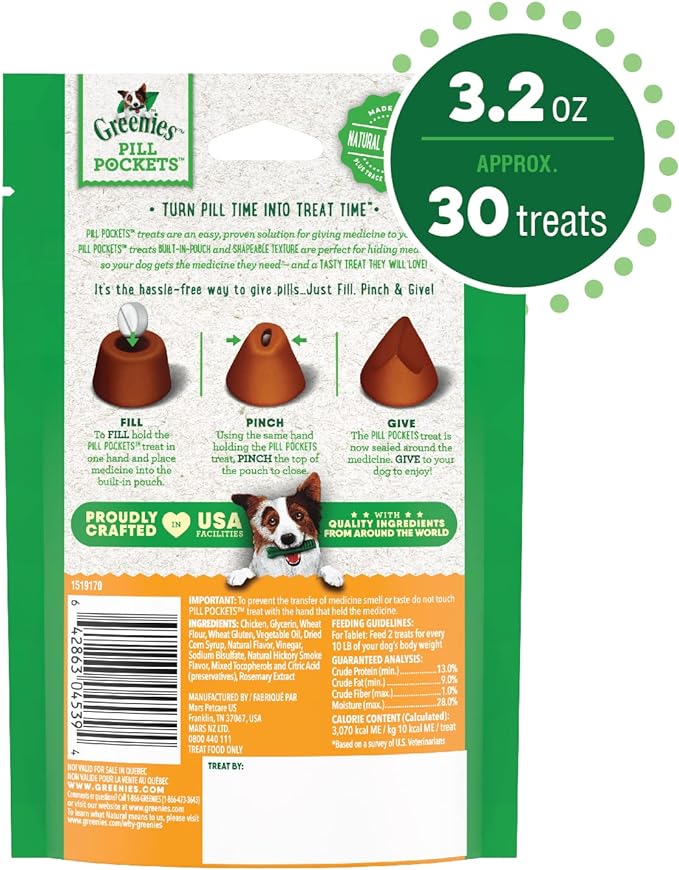 Greenies Pill Pockets for Dogs Tablet Size Natural Soft Dog Treats, Chicken Flavor, 3.2 oz. Pack (30 Treats)