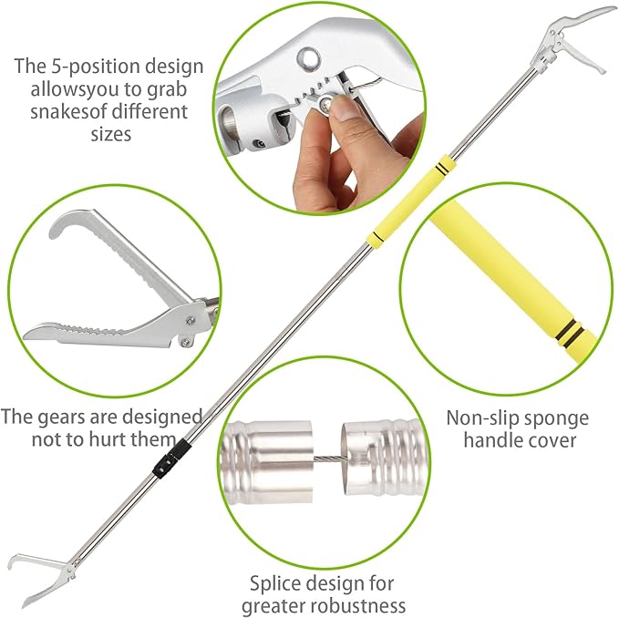 Snake Grabber Tool, 69Inch Snake Tongs Grabber with Long Handle Professional Catch Rattlesnake Wide Jaw Handling Tool Stainless Steel Tupe Non-Slip Sponge Handle Snake Feeding Tongs