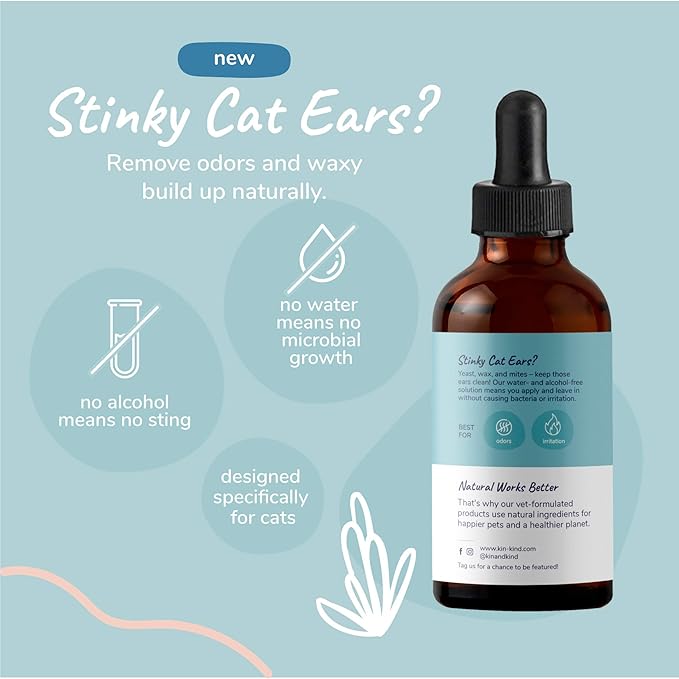 kin+kind Cat Ear Cleaner - Cat Ear Drops, Vet Ear Solution, Eliminates Wax, Odor and Itchy Irritation, Cat Ear Cleaner Solution, Natural in-Home Pet Grooming - Made in USA