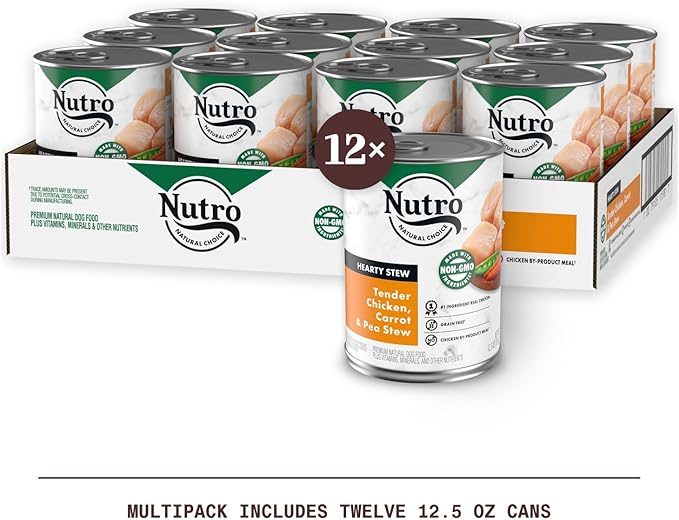 NUTRO HEARTY STEW Adult Natural Grain Free Wet Dog Food Cuts in Gravy Tender Chicken, Carrot & Pea Stew, 12.5 oz. Cans (Pack of 12)