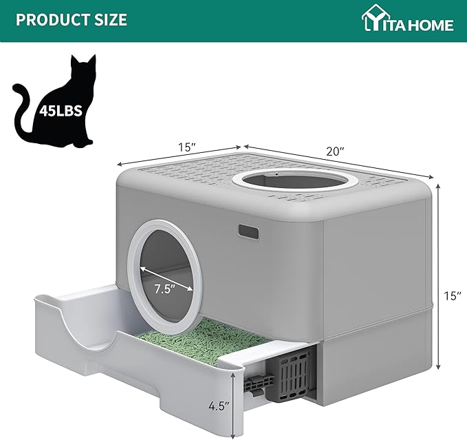 YITAHOME Large Enclosed Cat Litter Box with Lid Cover, Hooded Odorless Anti-Splashing Cat Toilet with Drawer Litter Scoop Front Entry Top Exit Door, Easy to Install and Clean