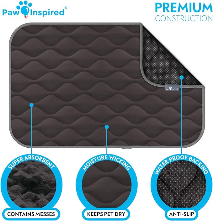 Paw Inspired Washable Padded Crate Mats for Dogs | 35” x 22” Pad, Fits 36-inch Kennels | Leakproof, Plush Pet Beds (Gray)