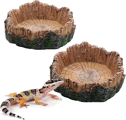 Reptile Water Dish Food Bowls, 2 Pcs Artificial Tree Trunk Reptile Tank Decor Bowl for Leopard Gecko Lizard Spider Scorpion Hermit Crabs