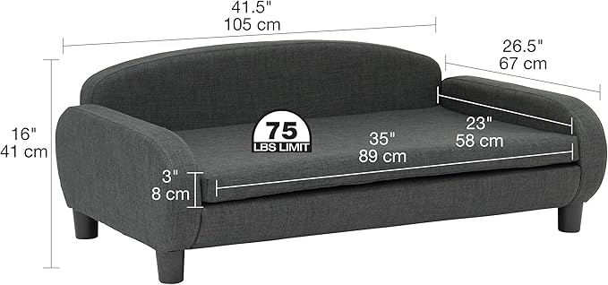 Paws & Purrs Modern Pet Sofa 41.5" Wide for Large Dog with Removable/Washable Mattress Cover, Dark Gray