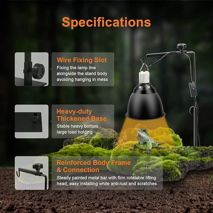 Simple Deluxe Reptile Lamp Fixture Dual Dome Light Double Sockets Bulbs Holder with Independent Switches and 22"-35" Adjustable Metal Floor Lamp-Holder, for Amphibians Terrarium, Turtle Tank