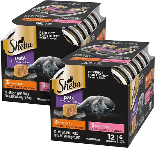 SHEBA Perfect Portions Paté Wet Cat Food Trays (12 Count, 24 Servings), Chicken and Salmon Entrée, Easy Peel Twin-Pack Trays, (Pack of 2)