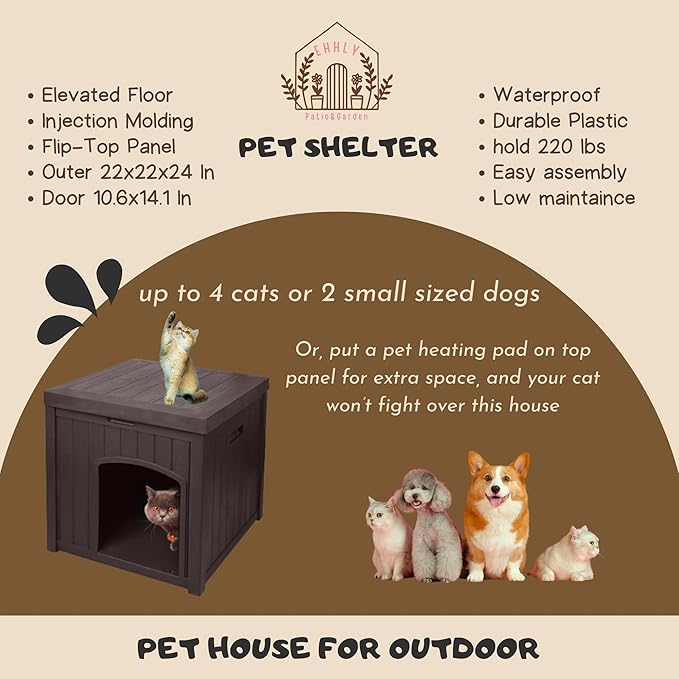22" Dog House Outdoor with Flip Lid, Small Dog House Indoor Outdoor Weatherproof, Plastic Doghouse for Medium Dogs Outside, Durable Resin Plastic, 220 lbs Top Capacity & Elevated Floor, Brown