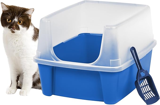 IRIS USA Large Cat Litter Box with Scatter Shield and Scoop, Open Top High Sided Cat Litter Pan, Blue