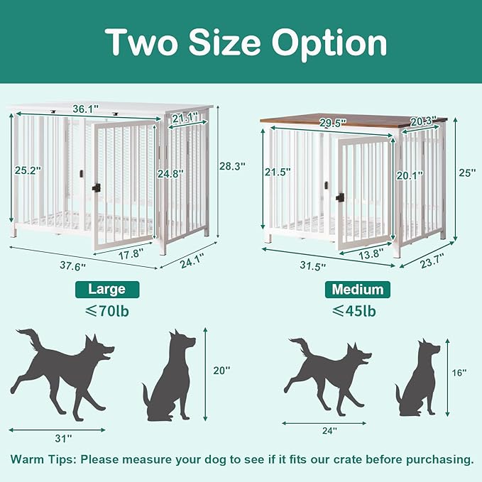 Heavy Duty Dog Crate Furniture, Fully Assembled exc. Locks, All Metal Frame & Wooden Tabletop, Modern Kennel for Small Dog, End Table, Sturdy, Foldable, White/Rustic Brown