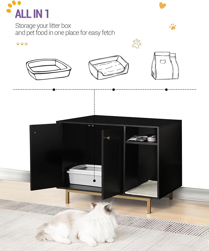 Cat Litter Box Enclosure, Hidden Litter Box Furniture, Wooden Pet House Side End Table, Storage Cabinet Bench for Living Room, Bedroom, 31.5 x 19.7 x 23.9 inches, Black and Gold CB01504G