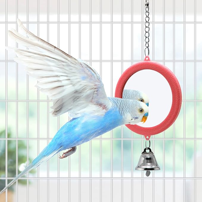 2PCS Bird Mirror with Bell Parrot Hanging Interactive Playing Toy for Cockatiel Parakeets Canaries Budgie Cage Accessories (Red)