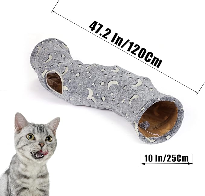 LUCKITTY Cat Tunnel Tube with Plush Ball Toys Collapsible Self-Luminous Photoluminescence, for Small Pets Bunny Rabbits, Kittens, Ferrets,Puppy and Dogs Grey Moon Star (S-Shape)