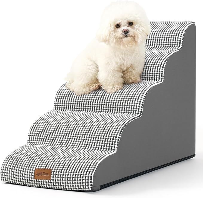 Dog Stairs for High Bed 23" H, Small Dogs Ramp with Leakproof Cover, Foam Pet Steps for Cat, Couch and Sofa, Lightweight, Non-Slip, Durable, Comfort, 15.7x33x22.6in, White-Black, 5 Tiers