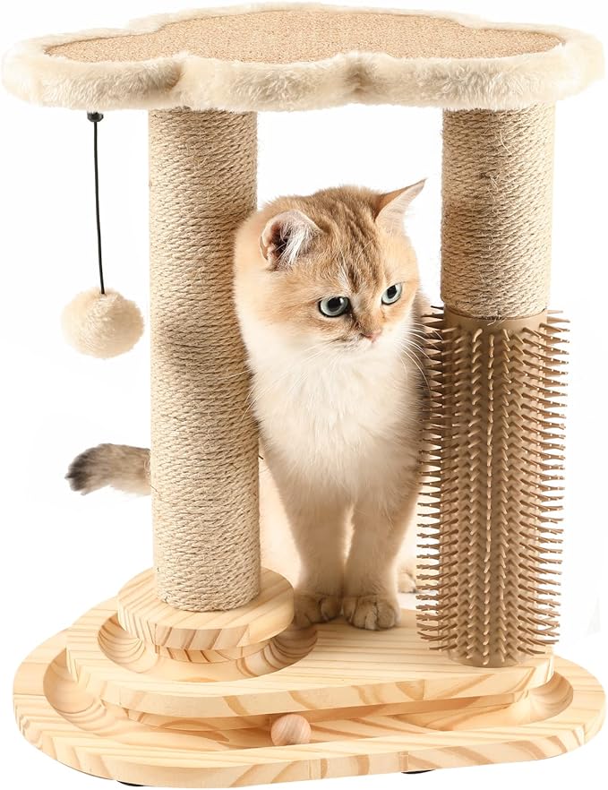 Made4Pets Cat Scratching Post, Cat Self Groomer for Indoor Cats, Cloud Soft Perch for Rest, 17.5" Tall Natural Sisal Scratcher Cat Grooming Interactive Ball Track Toys