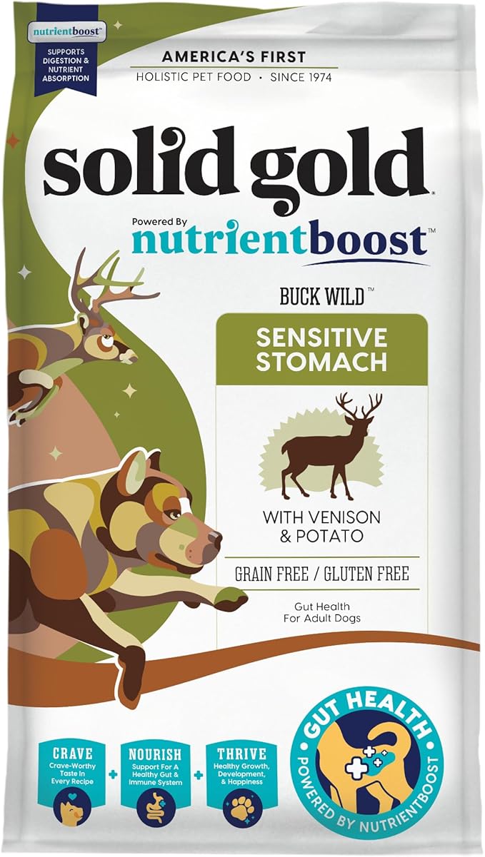 Solid Gold Dry Dog Food for Adult & Senior Dogs - Made w/Real Venison, Potato, & Pumpkin - Nutrientboost Buck Wild Sensitive Stomach Dog Food for Protein Sensitivities & Gut Health - 22 LB