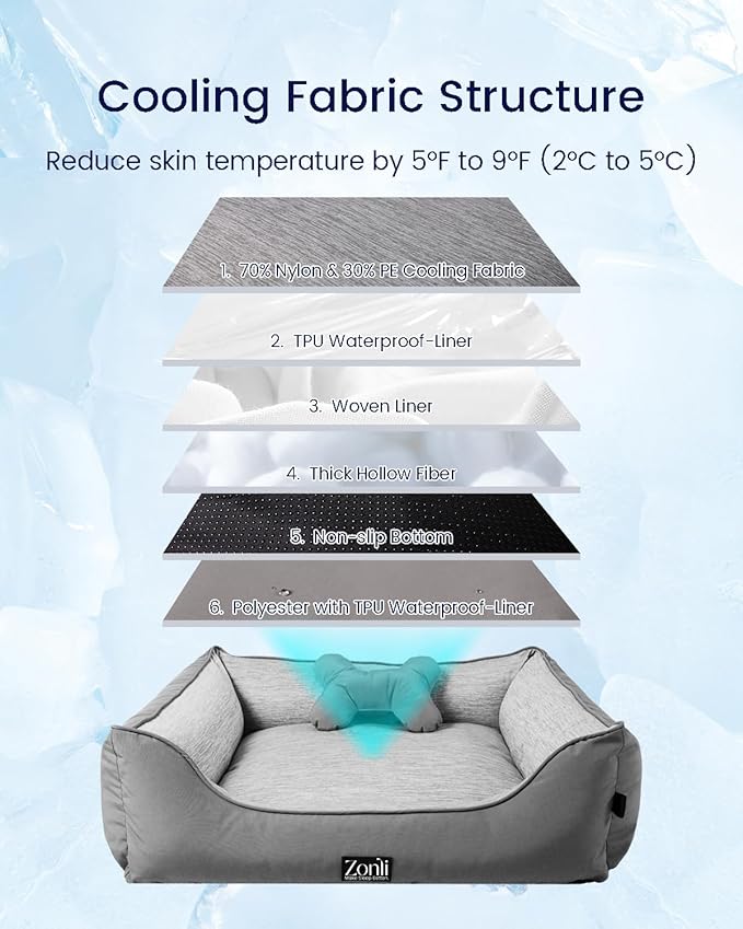 ZonLi Cooling Dog Bed, Dog Bed for Small Dogs & Cats, Dog Cooling Bed with Bolsters Waterproof, for Dogs Up to 15 lbs, Pet Bed with Washable Cover, Non-Slip Bottom, without Gel, Arctic Grey