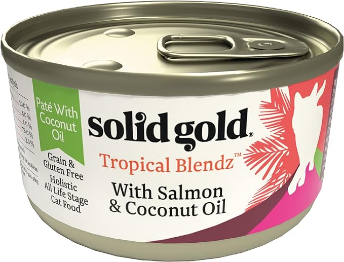 Solid Gold Wet Cat Food Pate for Adult & Senior Cats - Real Salmon & Coconut Oil - Tropical Blendz Grain Free Wet Cat Food for Healthy Digestion, Skin, Coat & Sensitive Stomach - 24ct/3oz Can