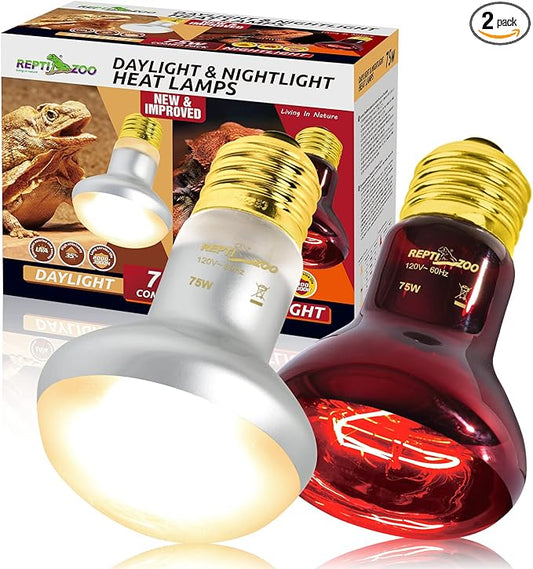 REPTIZOO 75W Reptile Heat Lamp Bulb, 2PCS Day & Night Basking Spot Light Combo Pack includes Infrared Heat Lamp and UVA Daylight Heating Lamp Basking Light