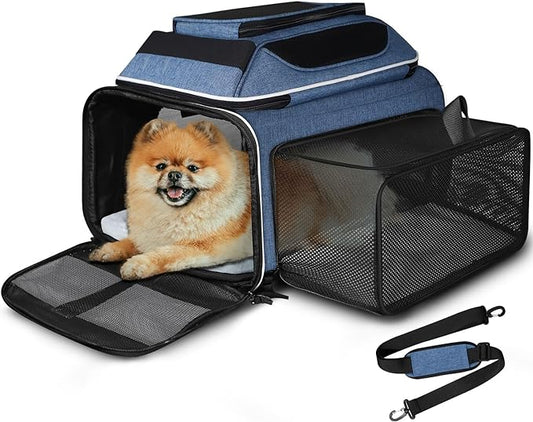 Top and Side Expandable Pet Carrier 17x11x9.5 Inches Alaska Airline Approved, Soft-Sided Carrier for Small Cats and Dogs with Locking Safety Zippers and Anti-Scratch Mesh(Blue)