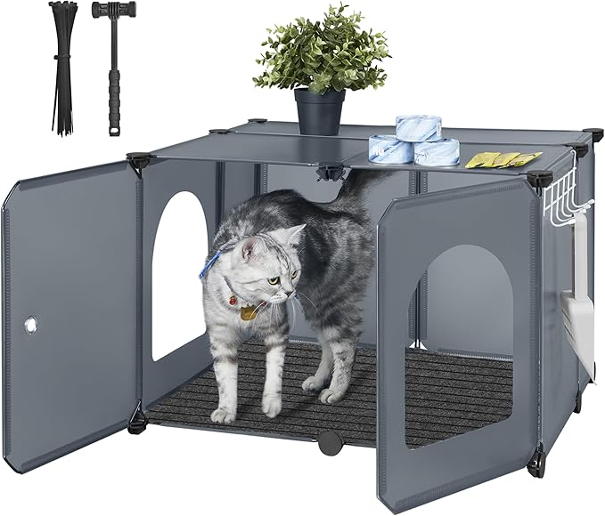 Cat Litter Box Enclosure with Hooks, Plastic Covered Little Box with Mat, Splash Proof Litter Box Furniture, 23.7 x 18.5 x 16.1 inches, End Table for Living Room, Gray CB81899GY