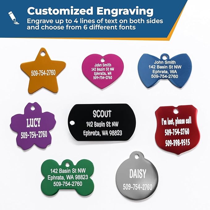 GoTags Personalized Colorful Dog Tags, Aluminum Pet ID Tags Engraved with Name in Bone, Round, Heart and More Shapes