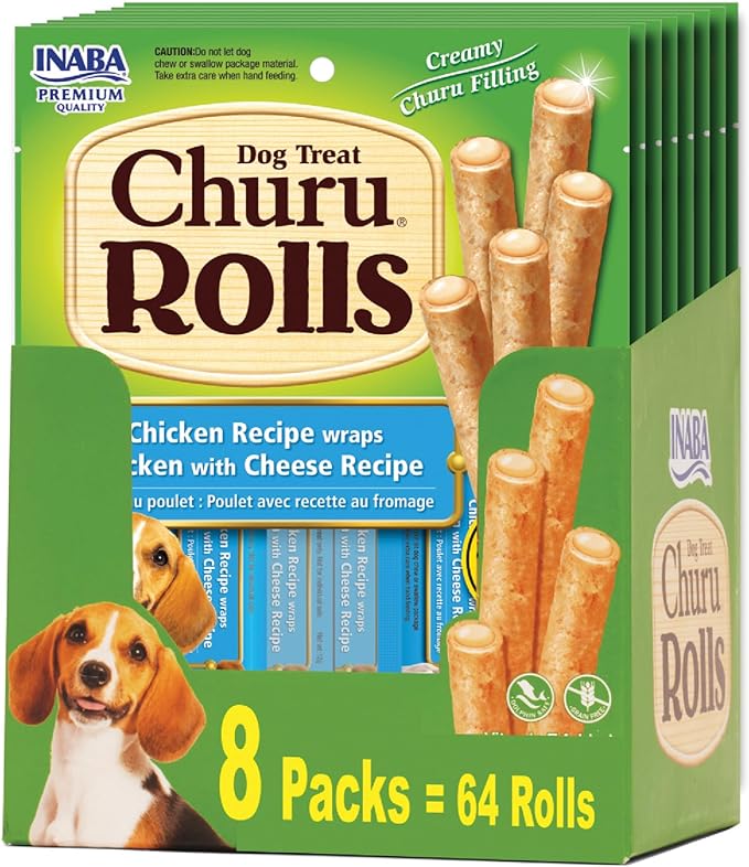 INABA Churu Rolls for Dogs, Soft & Chewy Baked Chicken Wrapped Filled Dog Treats with Vitamin E, 0.42 Ounces Each Stick, 64 Sticks (8 per Pack), Chicken with Cheese Recipe