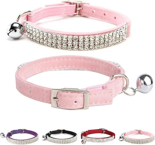 BINGPET Diamond Cat Collar,Adjustable Soft Velvet Leather Safe Kitten Collar with Shiny Rhinestones and Bells,Girl Boy Bling Stylish Cat Collars with Safety Elastic for Small Medium Cats,Pink