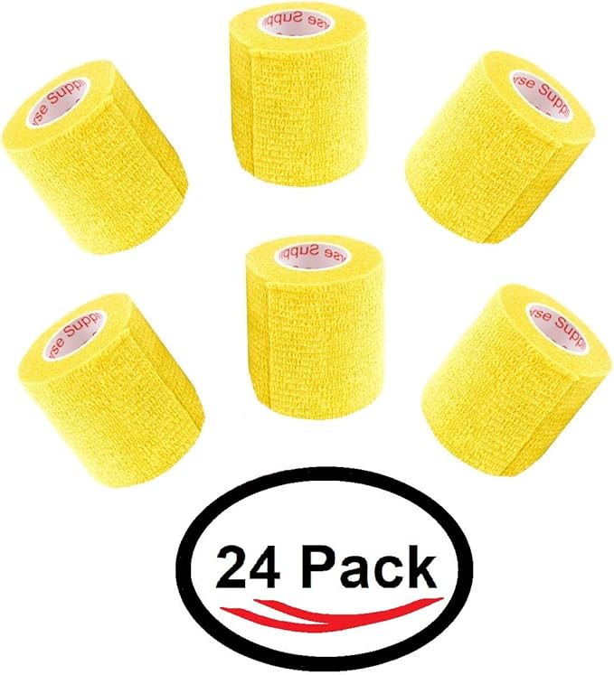 2 Inch Vet Wrap Tape Bulk (Yellow) (Pack of 24) Self Adhesive Adherent Adhering Flex Bandage Grip Roll for Dog Cat Pet Horse