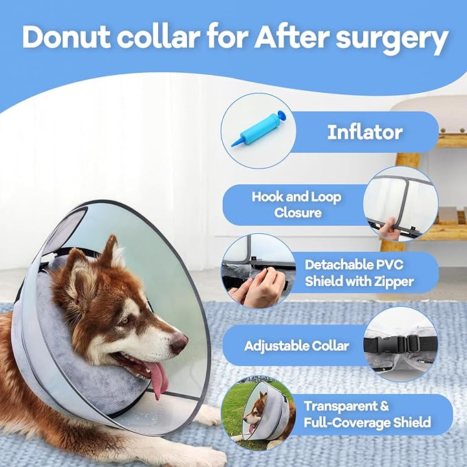 Inflatable Dog Cone Collar, Soft Dog Cone for Dogs after Surgery, 2-in-1 Inflatable Dog Cone with Detachable Anti-licking Shield, Adjustable Dog Cone Collar, Elizabethan Collar (S, Grey)