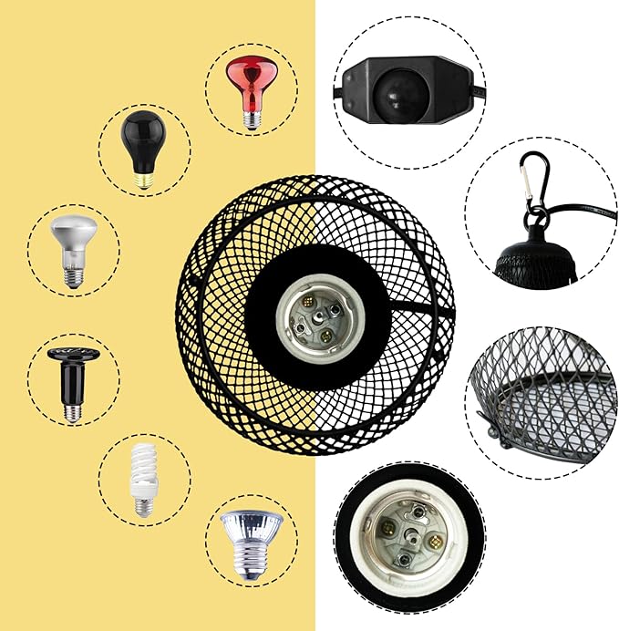 Reptile Heat Lamp,UVA UVB Reptile Light Anti-Scald Heater Guard Turtle Basking Heater Lamp with Guard for Lizard,Snake, Parakeets Parrots Chameleon, Amphibian Bird Supplies(2 Bulbs 25W+50W)