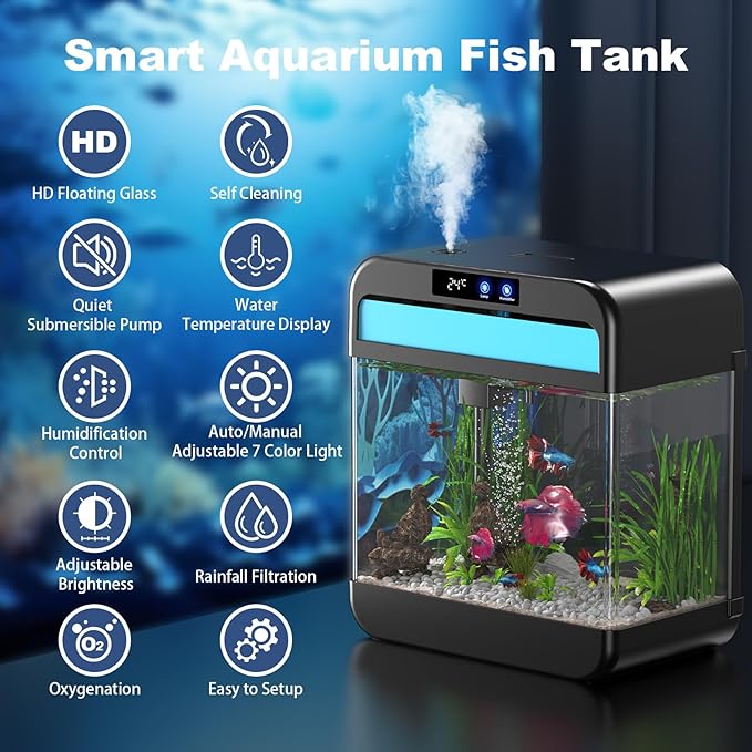 Fish Tank Aquarium 2.2 Gallon with Humidifier 7 Color Looping Light with Timer Self-Cleaning 3 in 1 Water Pump with Filteration & Oxygenation & Circulation, Temperature Display, HD Heat Bending Glass