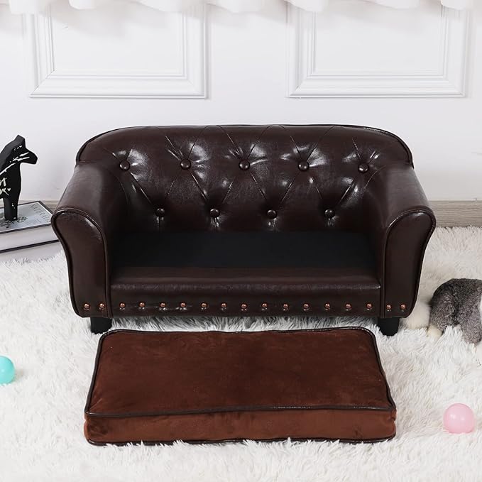 Dog Sofa and Chair/Luxury PU Leather Pet Sofa Chair/with Copper Nail Dog Couch/Wooden Frame Cat Sofa Chair/Dog Sofa Bed with Suede Cushion for Small Dog Using (brown)