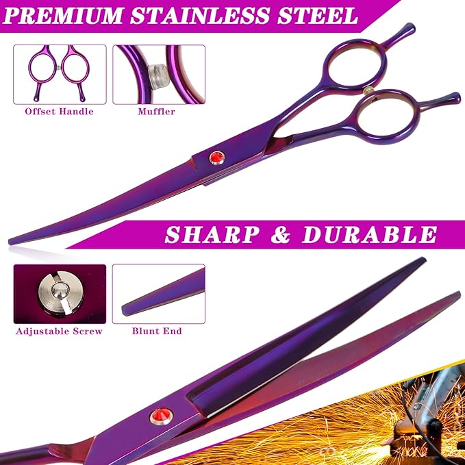 Dog Grooming Scissors Premium Stainless Steel Curved Hair Cutting Scissors for Dogs & Cats (Purple)