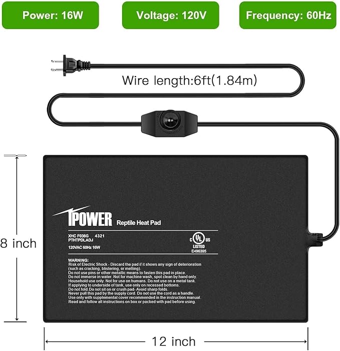 iPower 8 by 12-Inch Reptile Heat Mat with Temperature Adjustable Controller Knob, LCD Digital Aquarium Thermometer, Under Tank Warmer Terrarium Heat Pad for Reptiles and Amphibians