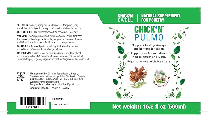Chick'n Pulmo for Poultry Respiratory Support 16.8 fl.oz ENHANCED poultry RESPIRATORY HEALTH: Encourage optimal respiratory function and enhanced lung health. Help and support with wheezing.