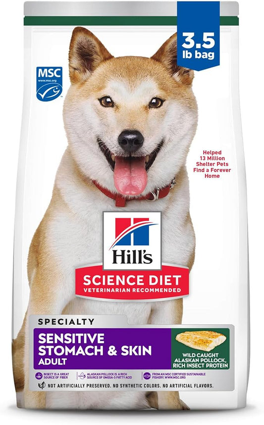 Hill's Science Diet Sensitive Stomach & Skin, Adult 1-6, Stomach & Skin Sensitivity Support, Dry Dog Food, Pollock, Barley, & Insect Recipe, 3.5 lb Bag