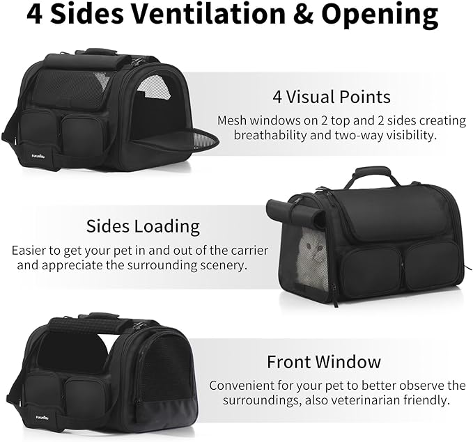 FUKUMARU Cat Carrier, 4 Mesh Windows Small Dog Carrier, 4 Storage Pockets Cat Travel Bag, Under 15 lb Airline Approved Pet Carrier, Rollable Cover for Nervous Cats, Black