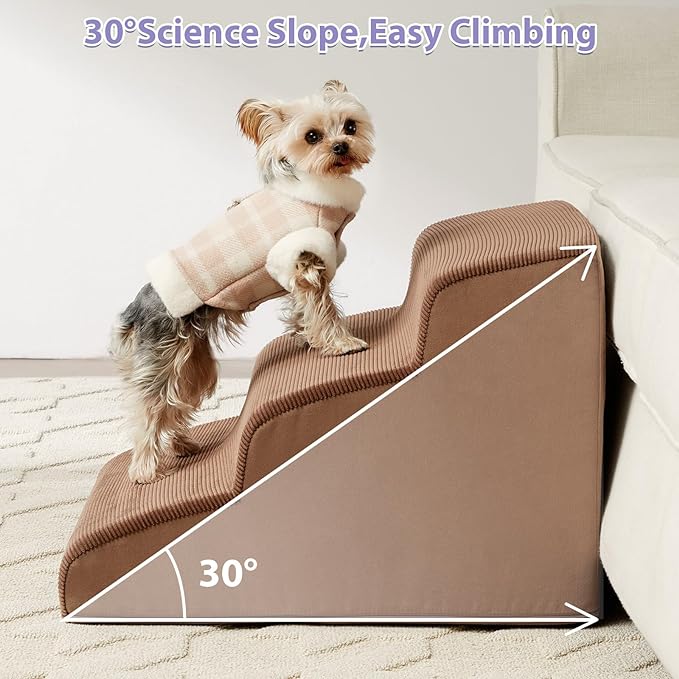 Dog Stairs for Small Dogs, 3-Steps Dog Ramp for Bed and Couch, Pet Stairs with Highly Supportive Foam and Non-Slip Bottom, Dog Steps for Cat & Doggie (High 15.7 Inch)