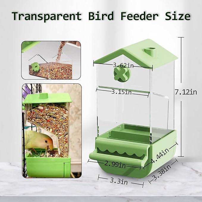 Automatic Bird Cage Feeder No Mess Parakeets Seed Food Container Acrylic Parrot Feeder Cage Accessories Transparent Small and Medium Lovebirds Canary Cockatiel Finch (Green)