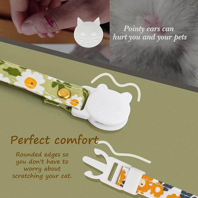 2 Pack Cotton Breakaway Cat Collars with Bell,Green&Orange Daisy Pendant Cute Cat Collar Kitten Collar,Ideal for Girl Cats Boy Cats